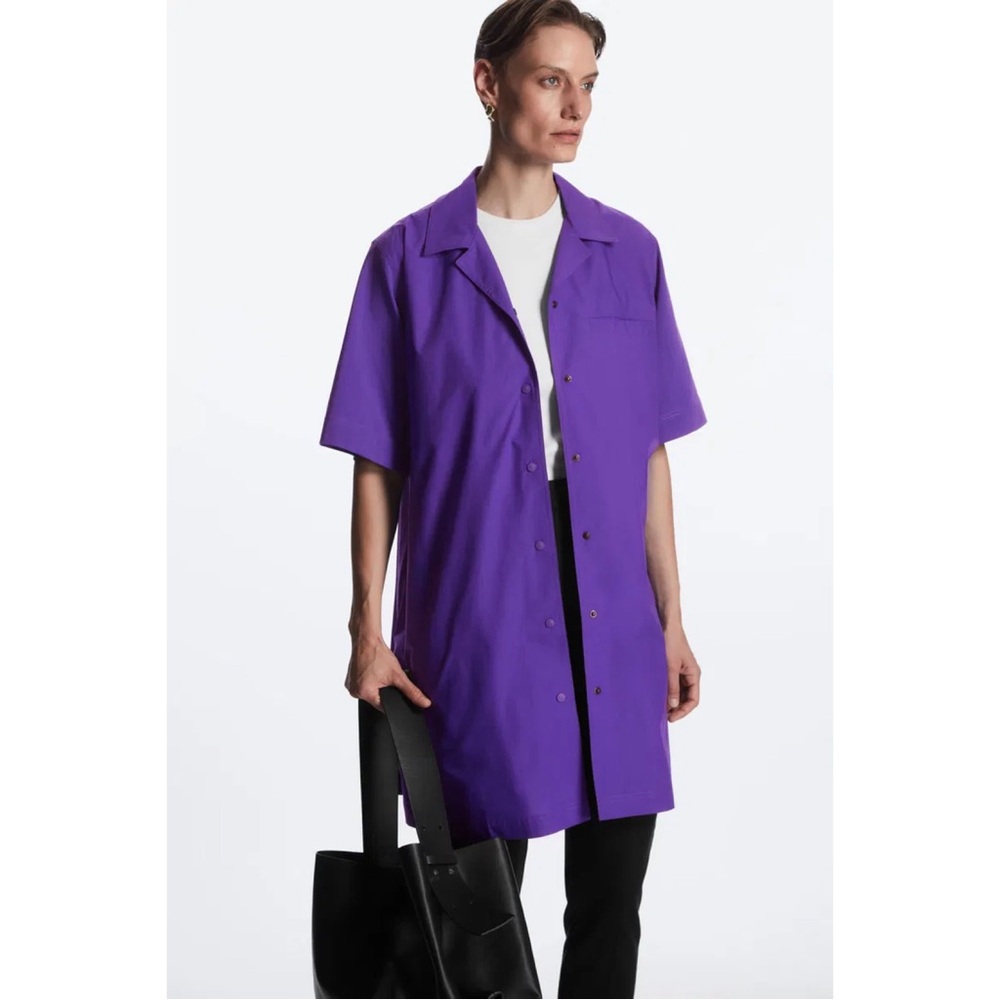 COS Stretch Cotton Boxy Collared Snap Button Short Sleeve Shirt Dress Purple M